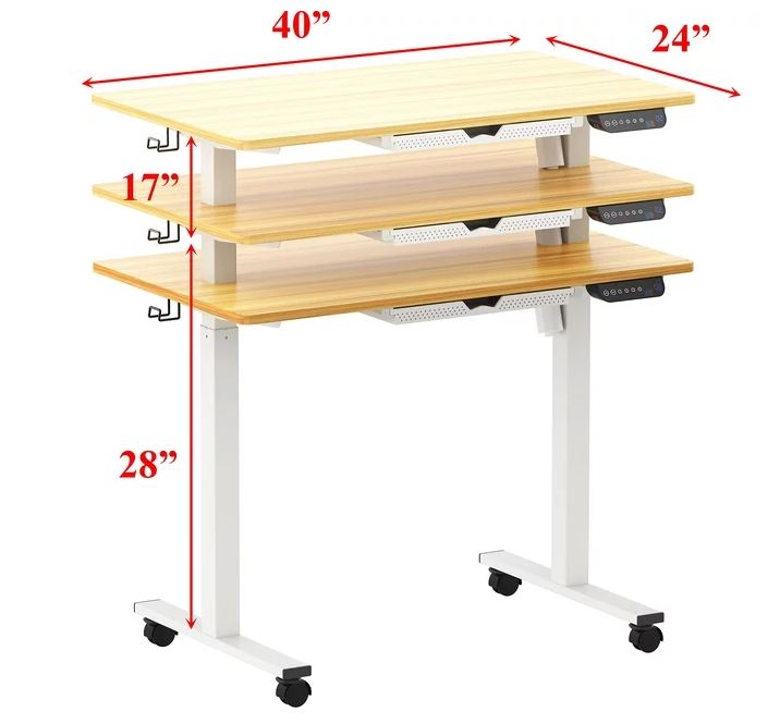 SHW Small Electric Height Adjustable Mobile Sit Stand Desk with Drawer, Hanging Hooks and Cable Management, 40 x 24 Inches, Oak