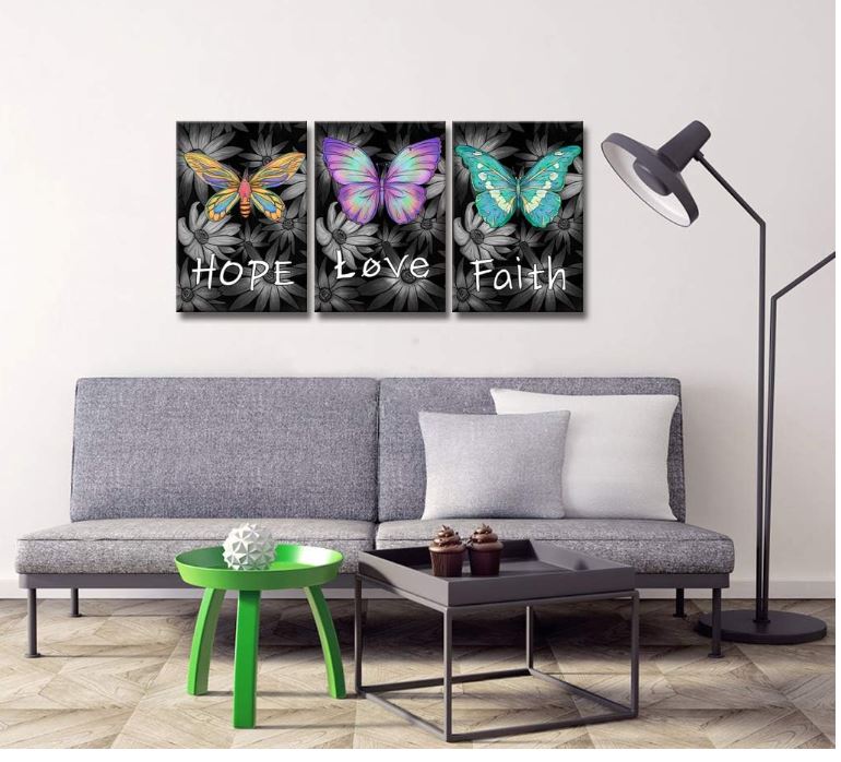 LoveHouse 3 PCS Butterfly Wall Art Inspirational Quote Canvas Artwork Yellow Blue Purple Butterfly on Grey Flower Elegant Photo Picture Stretched Modern Home Decoration Ready to Hang 16x24inchx3 Panel