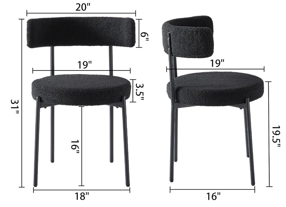 Set of 2 Honyee Black Dining Chairs, Modern Dining Chairs, Teddy Fleece Round Cushion Dining Room Chairs, Curved Backrest Dining Chairs with Black Metal Legs (Black, 2Pcs)