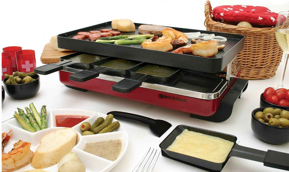Swissmar KF-77043 Red Classic 8-Person Raclette with Reversible Cast Aluminum Non-Stick Grill Plate/Crepe Top