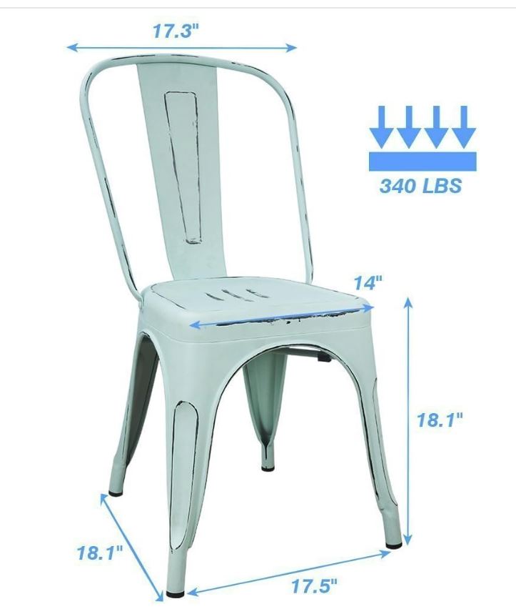 Set of 4 Metal Indoor-Outdoor Chairs Distressed Style Kitchen Dining Chairs Stackable Side Chairs with Back (Blue)