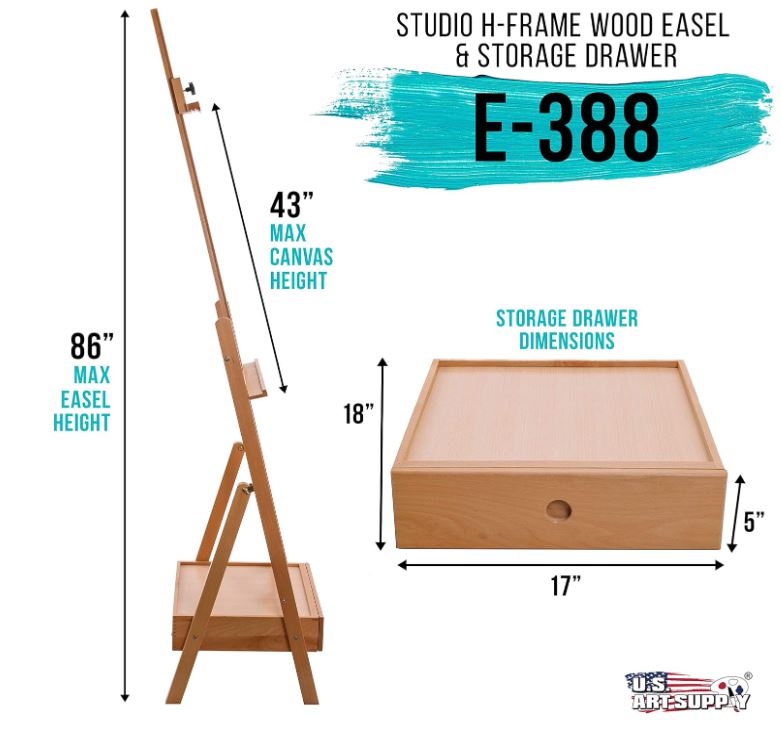 U.S. Art Supply Nantucket Extra Large Wooden H-Frame Studio Easel with Artist Storage Drawer and Shelf - Mast Adjustable to 86" High, Sturdy Beechwood Canvas Holder Stand - Painting, Drawing Sketching