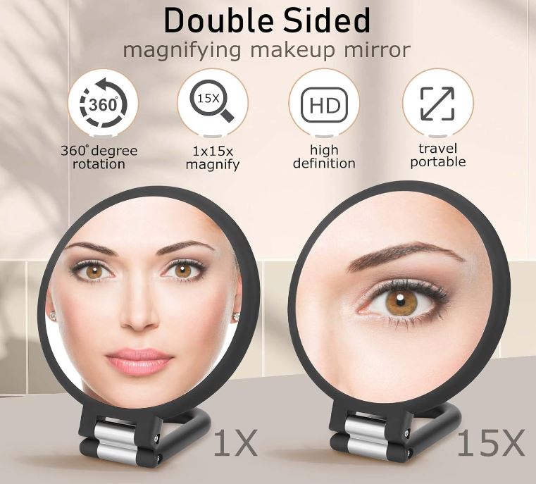 Magnifying Handheld Mirror Double Sided, 1X 15X Magnification Hand Mirror, Travel Folding Held Adjustable Rotation Pedestal Makeup Desk Vanity