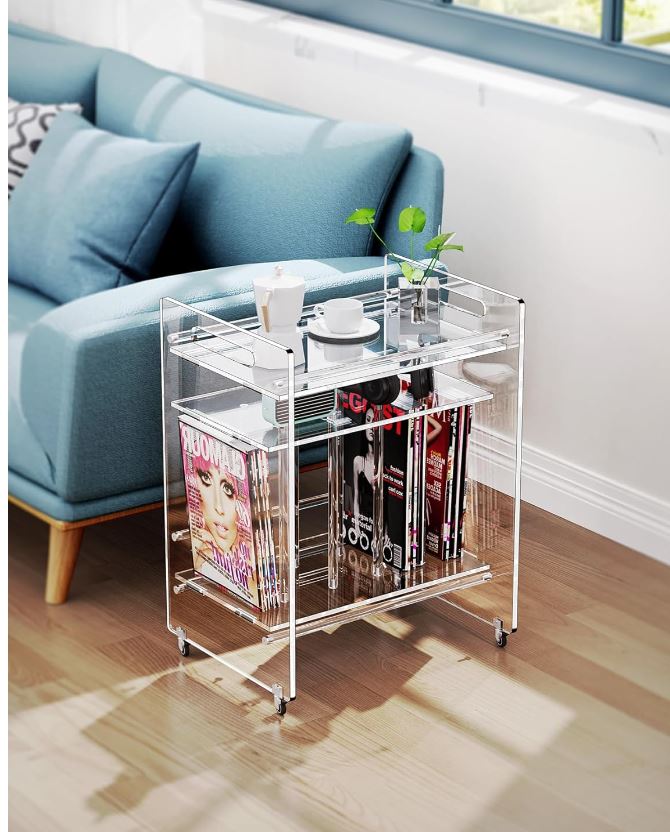 Acrylic End Table, Vinyl Magzine Storage Bookshelf with 3 Tier Side Table with Wheels