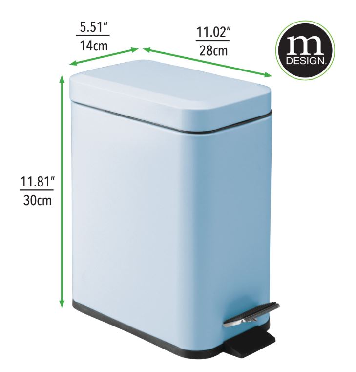 mDesign Slim Metal Rectangle 1.3 Gallon/5 Liter Trash Can with Step Pedal, Easy-Close Lid, Removable Liner - Narrow Wastebasket Garbage Container Bin for Bathroom, Bedroom, Kitchen