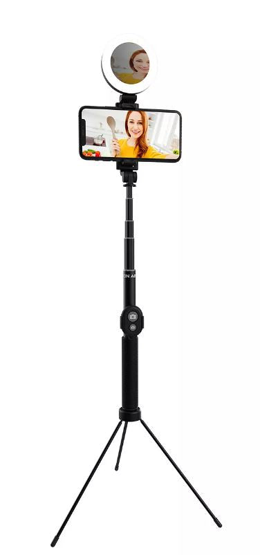ON AIR Halo Stick Pro 5" Ring Light with Extendable (5.5’) Tripod, 3 Light Modes, USB Power, and Bluetooth Shutter Remote for Streaming, Vlogs, and Selifes Compatible with Both iPhones and Android Phones
