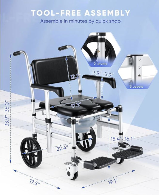 Shower Chair with Wheels, Hybodies Folding Shower Wheel, Transport Chair, Commode, Rolling Bath Chair for Handicap, Elderly & Injured, Waterproof & Soft, Front Locking Wheels, Safety Straps Included