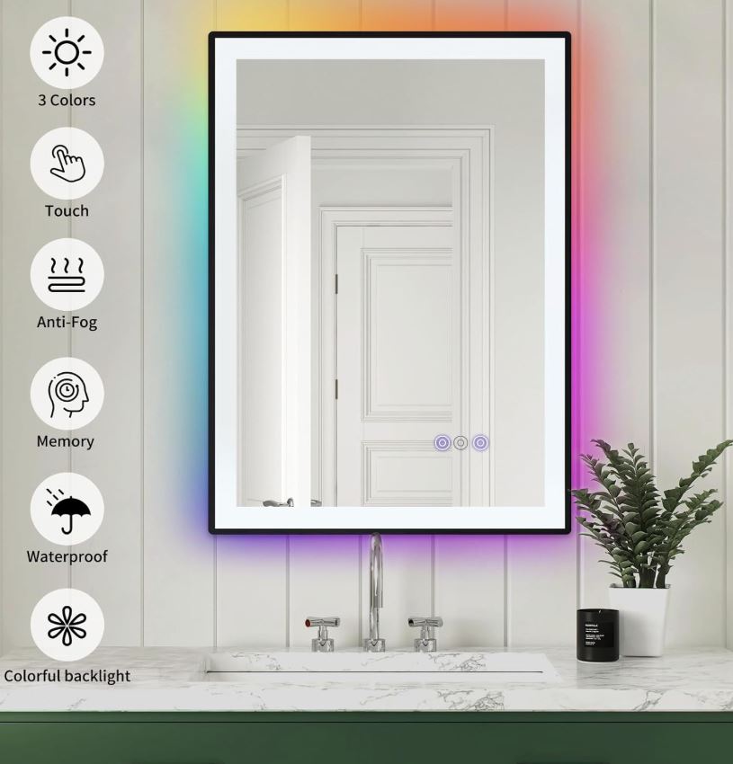 28 x 20 RGB LED Front Backlit Bathroom Mirror,Vanity Mirror with Lights,Anti-Fog,Dimmable 3000K to 6000K,Touch Button,Water Proof,Horizontal/Vertical,Lighted Wall Mounted