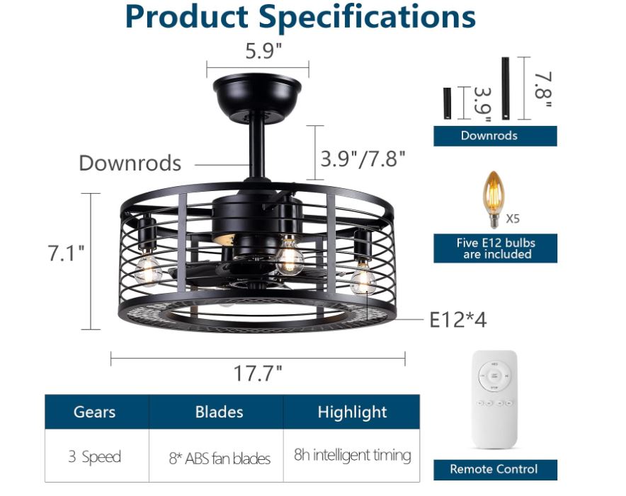 Dannilong Modern Enclosed Ceiling Fan Indoor with Remote Control, Black Caged Industrial Ceiling Fan Light Kit for Living Room, Bedroom, Kitchen (Stripped)