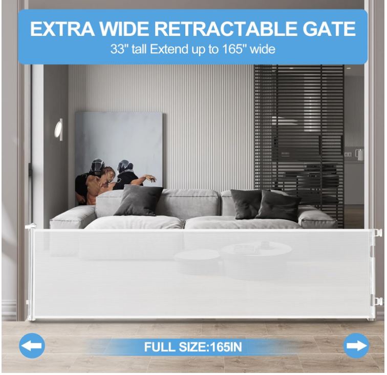 Retractable Baby Gate,Mesh Baby Extra Wide Gate,Extra Long Dog Gate,33" Tall,Large Extends up to 165" Wide,Child Safety Extra Large Gate for Doorways, Stairs, Indoor/Outdoor（White,33"x165"）
