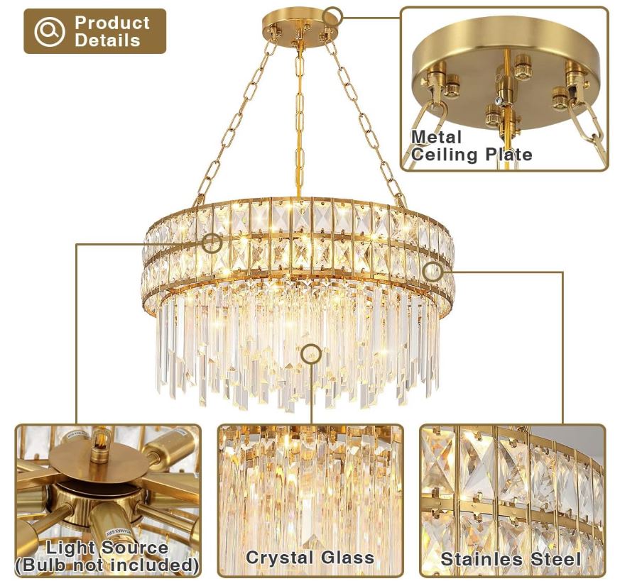 Modern Crystal Chandelier Gold Finish Light Fixture, Round Crystal Pendant Light Hanging Lamp, for Living Room, Dining Room, Restaurant, E12 x 8, Ø21.5 inch(Flat)