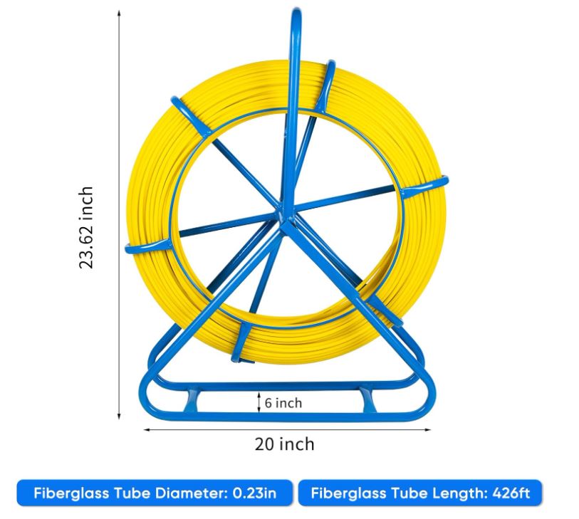 SOKO - Tirador de cables con cinta de pescado de fibra de vidrio, 6 mm (1/4 de pulgada), 426 pies, con jaula y soporte para ruedas, herramientas de pesca para conductos eléctricos de pared, no conductor 