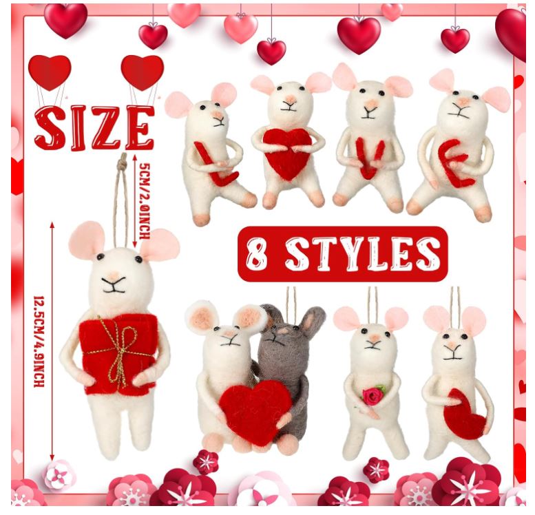 8 Pcs Valentine's Day Mice Wool Felt