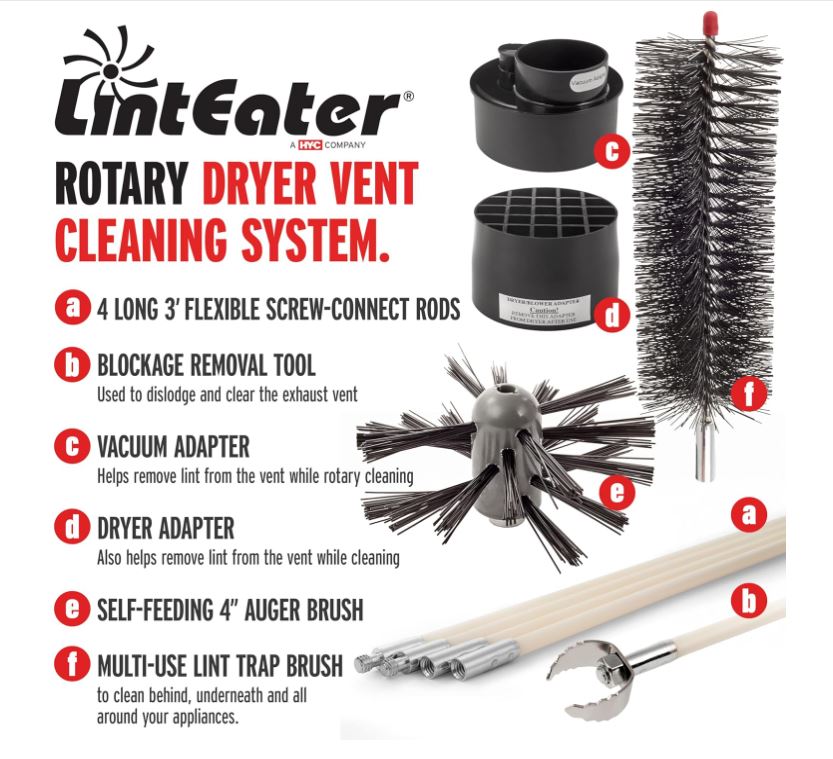 Dryer Vent Duct Cleaning Kit - Gardus RLE202 LintEater Rotary Dryer Vent Cleaner Kit, Removes Lint, Dryer Vent Cleaning System Extends Up to 12’ with 4 Flexible 3' Rods, Air Duct Cleaning Tools