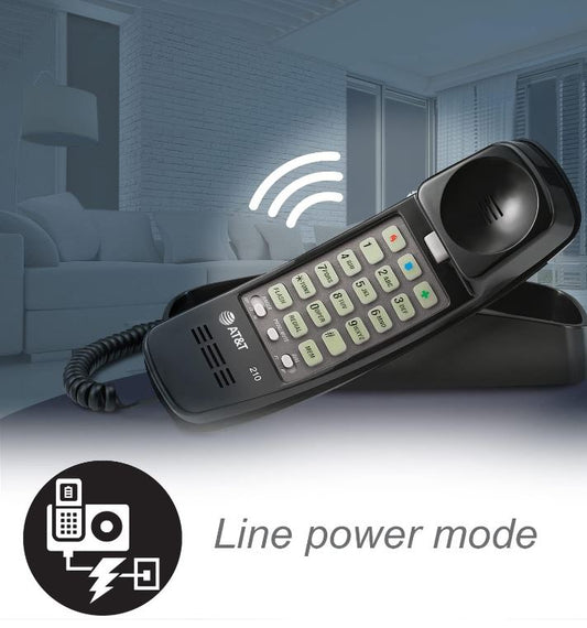 AT&T 210 Basic Trimline Corded Phone, No AC Power Required, Wall-Mountable, Black