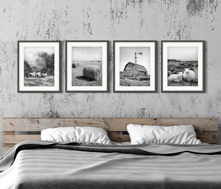 4 Piece Framed Farmhouse Wall Art Decor: Modern Bedroom Living Room Farm Scene Print Rustic Barn Picture Country Nature Landscape Painting Vertical Animal Sheep Artwork for Home Office