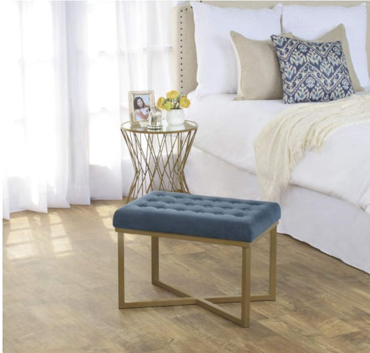 Homepop Home Decor | Upholstered Tufted Velvet Ottoman Bench | Ottoman Bench for Living Room & Bedroom, Blue, 24 x 16 x 17-1/2 inches high