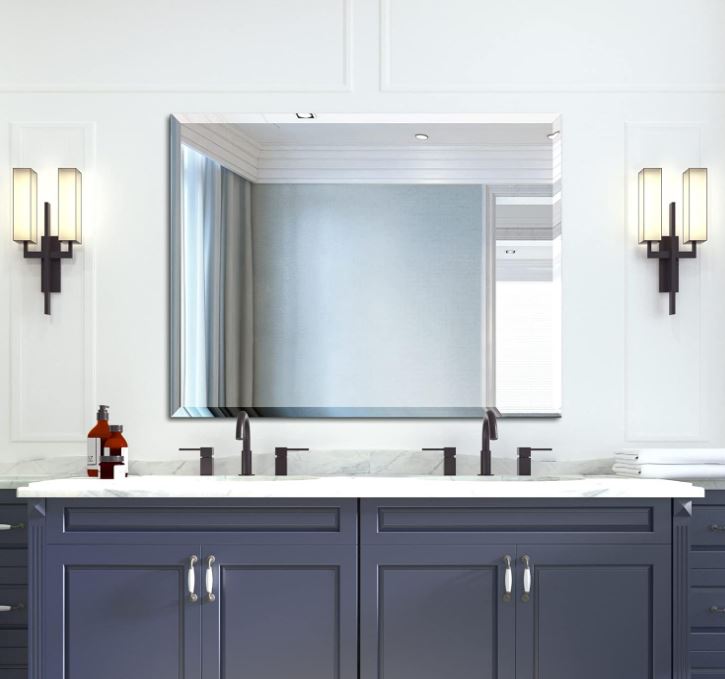Beveled Mirror, Wall Mirror 40" x 32", Frameless Rectangle Bathroom Vanity Mirror with Beveled Edge, Hangs Horizontally or Vertically. Upgraded Shatterproof Mirror, Bathroom, Gym.