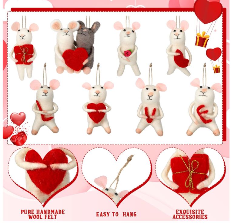 8 Pcs Valentine's Day Mice Wool Felt