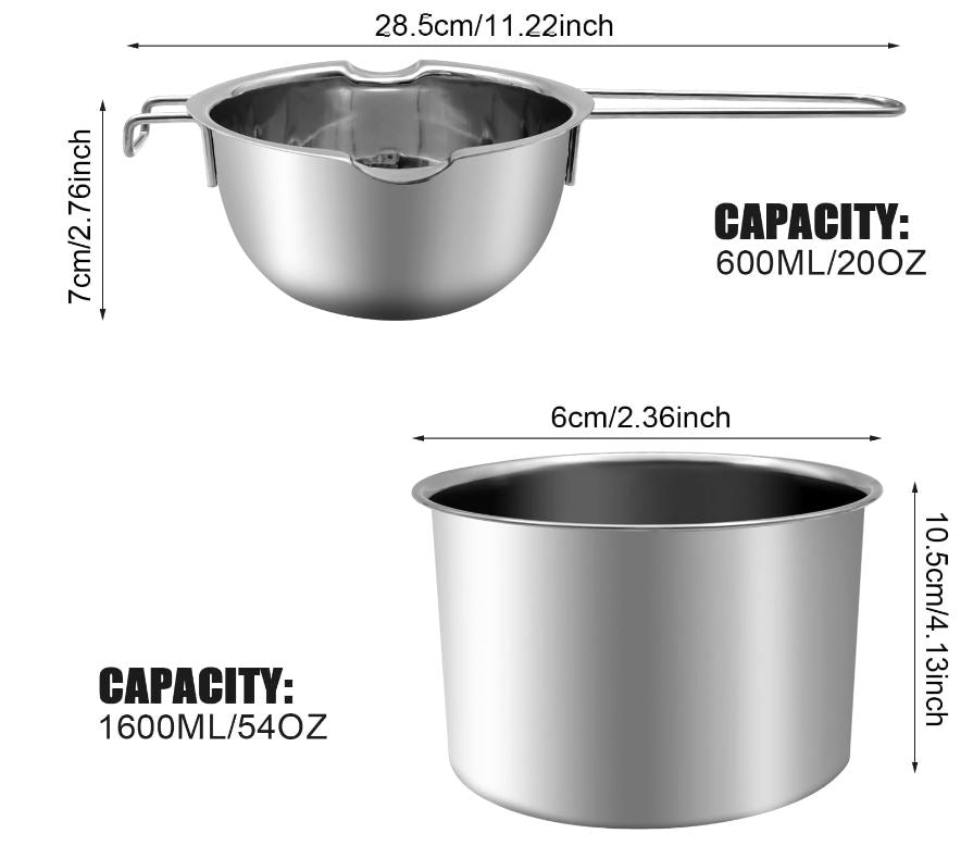 Double Boiler Pot Set, Stainless Steel Melting Pot with Silicone Spatula for Melting Chocolate, Butter, Cheese 600ml+ 1600 ml