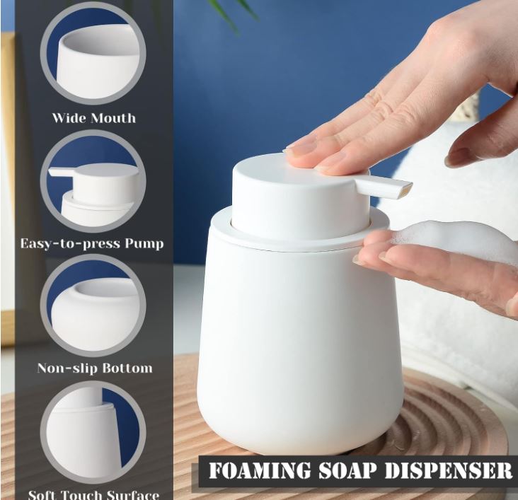 osilunLife Foam Hand Soap Dispenser - 12 oz Bathroom Lotion Hand Pump Dispenser White Foaming Soap Dispenser Ceramic Dish Liquid Dispenser for Kitchen Hand Wash Dispenser (Rubber Paint)