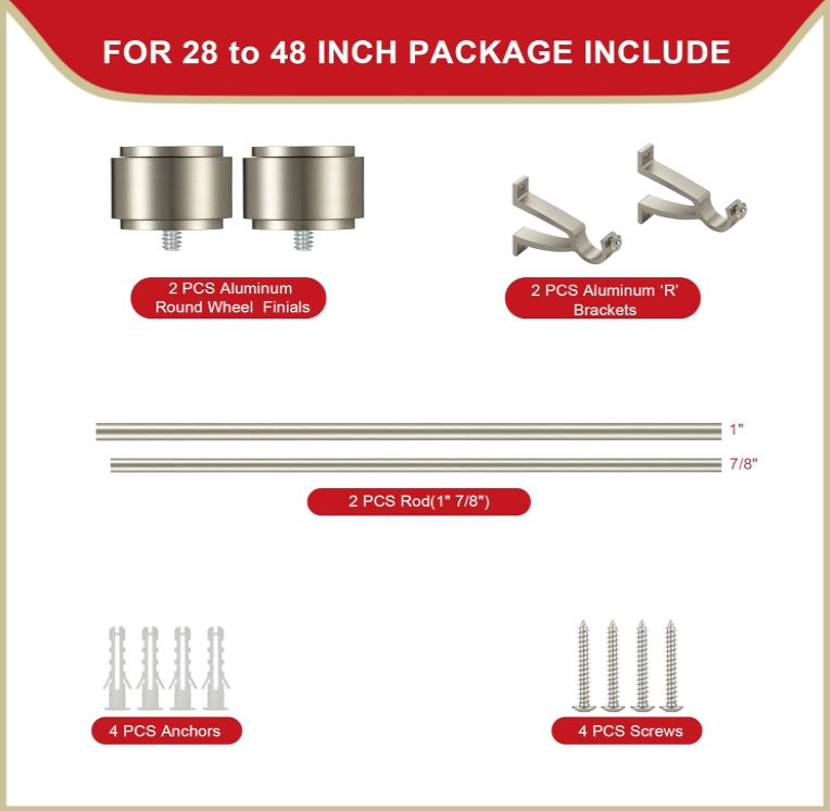 Curtain Rods for Windows 28 to 48", 1-Inch Diameter Brushed Nickel Curtain Rod with Aluminum “R” Brackets and End Cap Finials, Adjustable Window Drapery Rods for Blackout or Sheer Curtain Panels