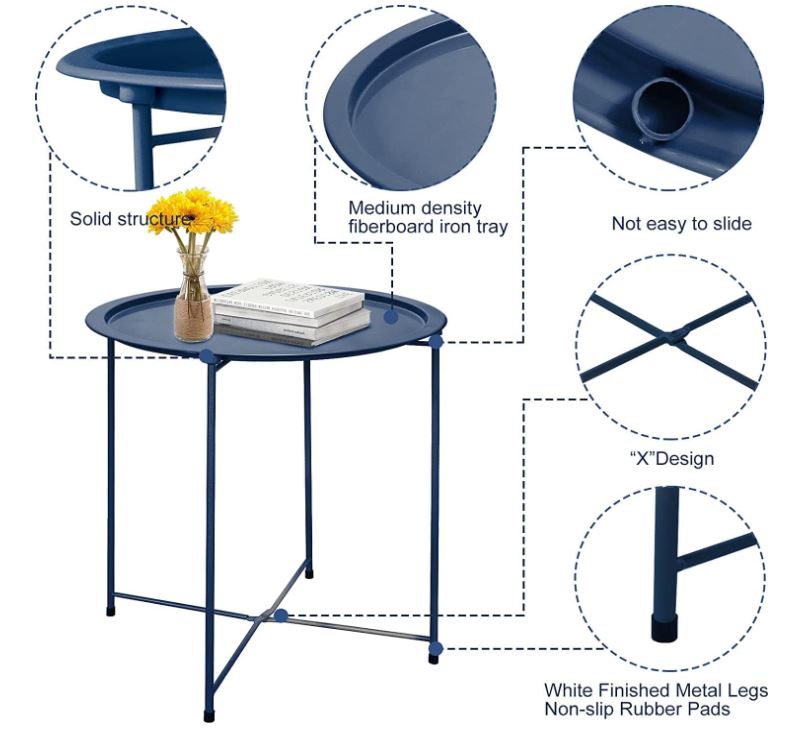 Garden 4 you End Table 2 PCS Metal Side Table Dark Blue Round Folding Tray Cyan Sofa Small Accent Fold-able Table, Round End Table Tray, Next to Sofa Table, Snack Table for Living Room and Bed Room