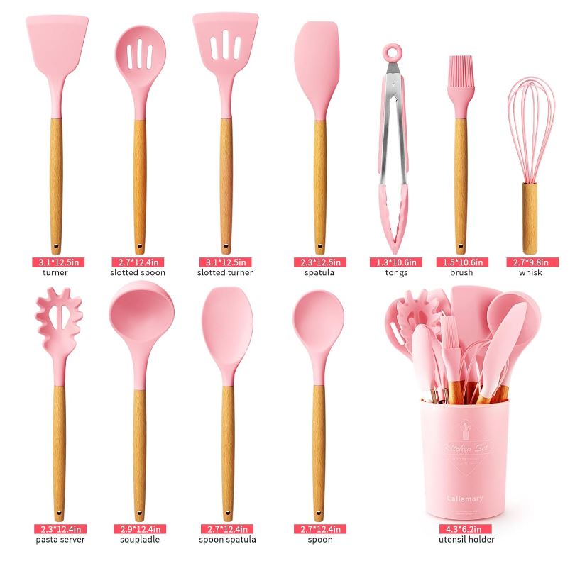 Silicone Kitchen Utensil Set, 11 Pieces Cooking Utensil with Wooden Handles, Utensil Holder for Nonstick Cookware, Spoon, Soup Ladle, Slotted Turner, Whisk, Tongs, Brush, Pasta Server (Pink)