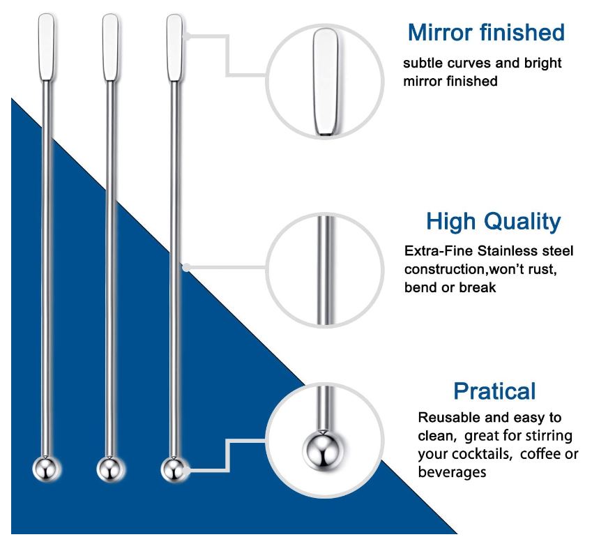 Palillos agitadores de café de acero inoxidable de primera calidad - Lotsun 7.5 pulgadas Palillos agitadores de bebidas de café, cócteles, reutilizables para bar, hogar, oficina 