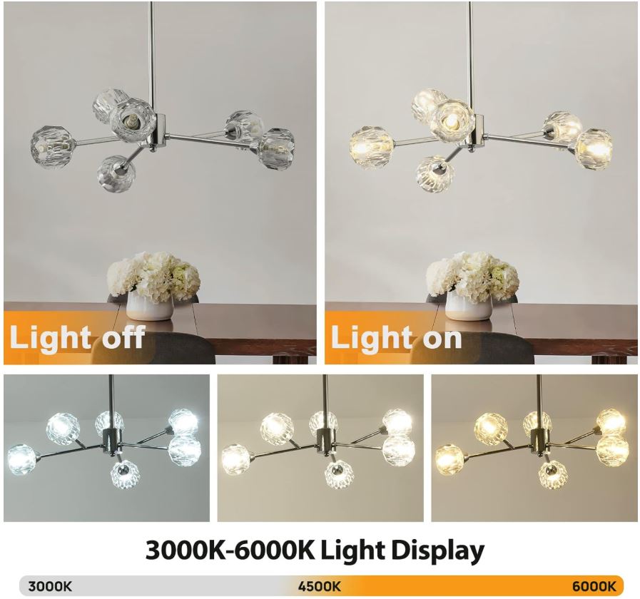 PAFEE Chandeliers Modern Crystal Pendant Light Chrome Color 6-Light Room Lights G9 Bulbs）