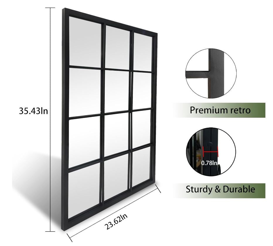 24"X36" Black Rectangle Mirror,Window Pane Grid Mirror,Minimalism Wall Mounted Mirror for Entryway,Hallway,Living Room,Fireplace