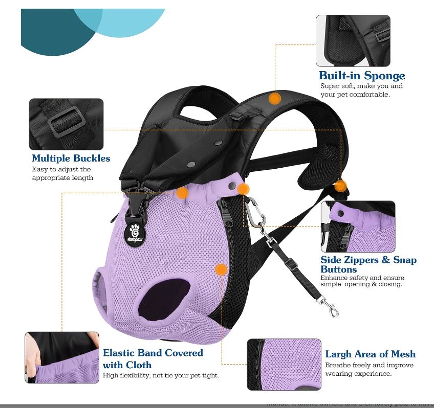 VavoPaw Pet Carrier Backpack, Adjustable Pet Front Backpack Dogs Cats Safety Carrier Travel Bag, Legs Out, Easy-Fit Traveling Hiking Camping for Puppies, Small Medium Dogs & Cats, Medium Size, Purple