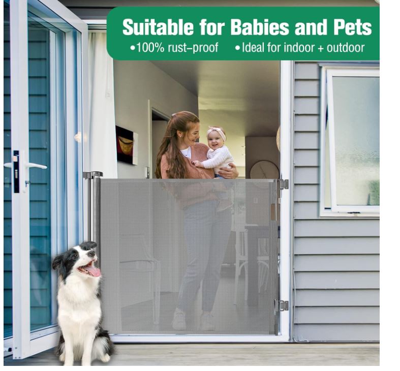 42-Inch Extra Tall Retractable Baby Gates for Doorways 56" Wide Baby Gate Tall Retractable Dog Gate Indoor Outdoor Extra Tall Pet Gate Adjustable Tall Dog Gate for Stairs Dog Gates for the House, Grey