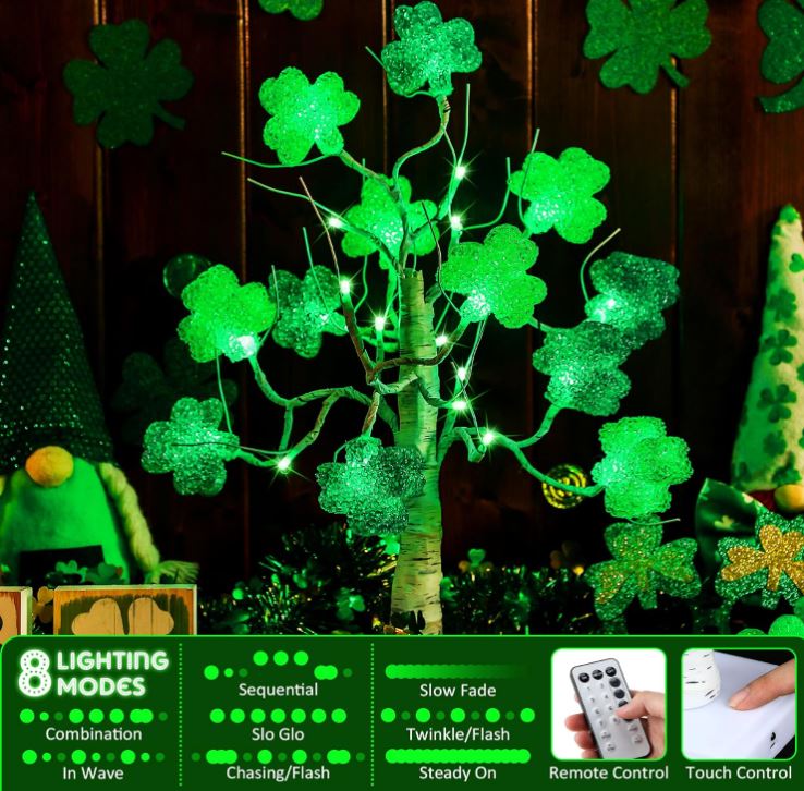 Enhon 18 Inch St. Patrick's Day Tree Lights 24 LED 12 Lighted Irish Shamrock Birch Tree Lamp with 8 Modes Remote Control, Battery and USB Operated Clover Tree Light for Table Party Feast (Multi Green)