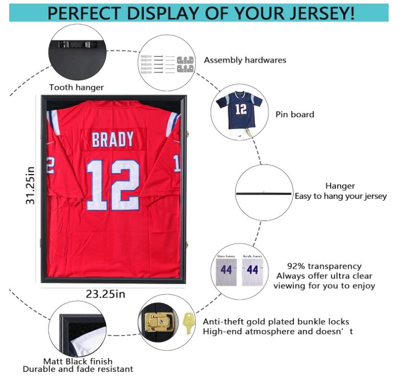 Jersey Frame Display Case Jersey Display Case Jersey Shadow Box with 98% Uv Protection Acrylic and Hanger for Baseball Basketball Football Soccer Hockey Sport Shirt and Uniform,Black Finish