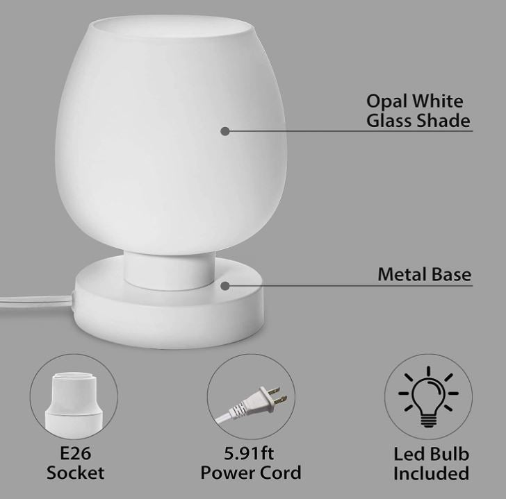 Lámpara de mesita de noche con control táctil de ONEWISH: lámpara de mesa moderna para dormitorio, sala de estar, lectura, vidrio opalino blanco, bombilla LED, lámpara de escritorio regulable de 3 vías 