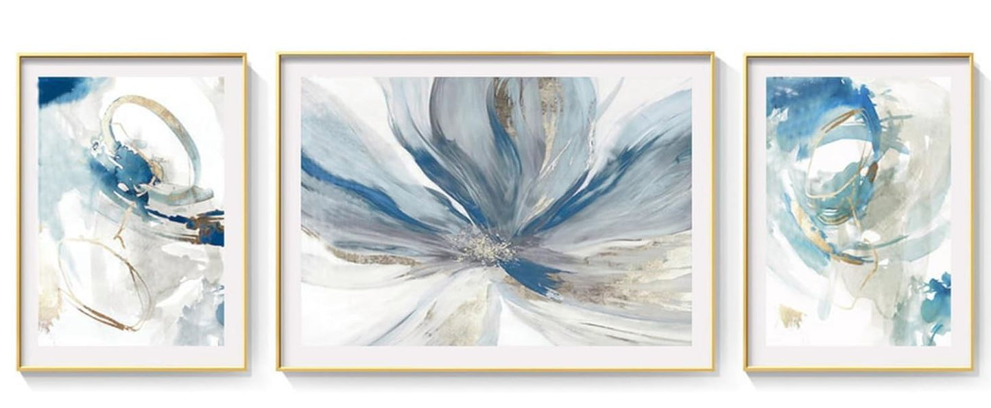 3 Pieces Blue and Gold Flower Wall Art with Metal Frame For Living Room- Framed Canvas Prints For Bedroom-Large Modern Abstract Pictures for Office Kitchen and Home Decorations 24x64 inches