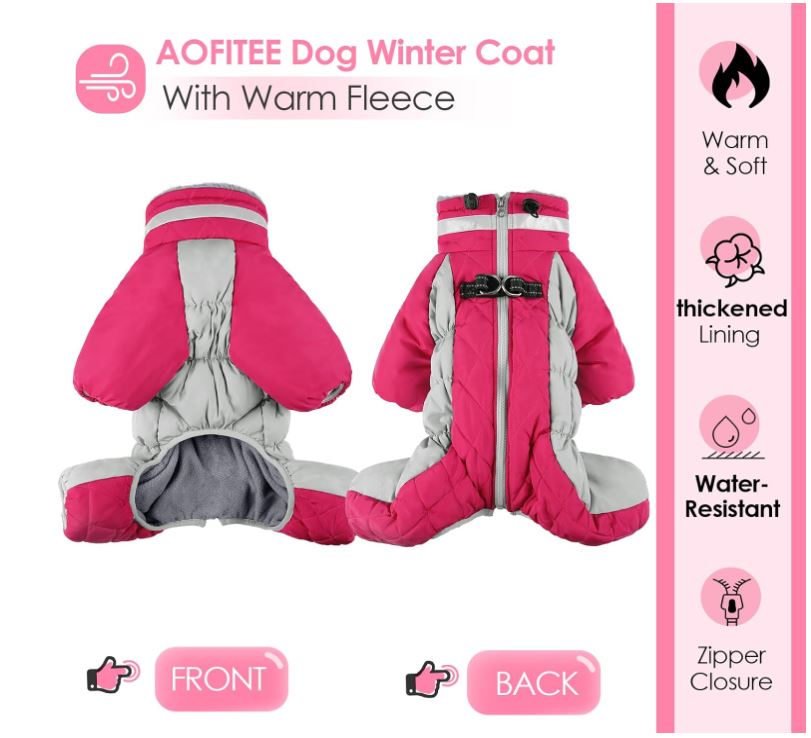 AOFITEE Fullbody Dog Coat Warm Fleece Dog Jacket, Windproof Dog Winter Coat with Harness Built in, Reflective Turtleneck Dog Snow Jacket Snowsuit, Four-Legged Puffer Coat for Small Dogs