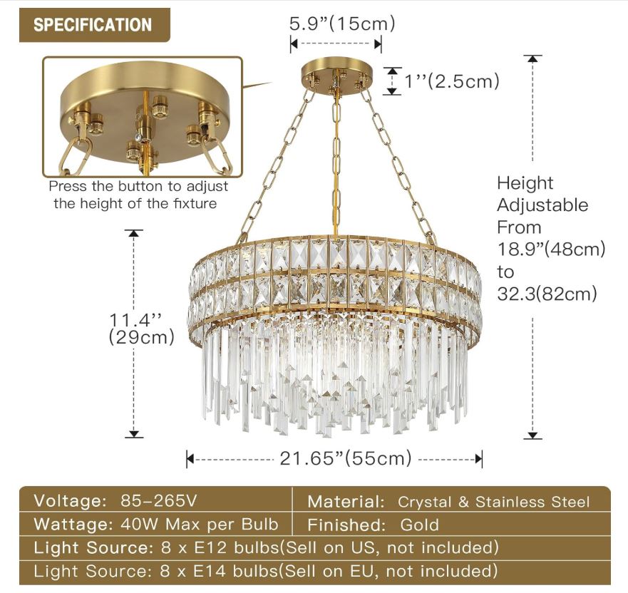 Modern Crystal Chandelier Gold Finish Light Fixture, Round Crystal Pendant Light Hanging Lamp, for Living Room, Dining Room, Restaurant, E12 x 8, Ø21.5 inch(Flat)