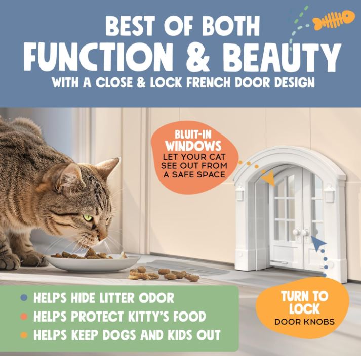 Purrfect Portal French Cat Door - Stylish No-Flap Cat Door Interior Door for Average-Sized Cats Up to 20 lbs, Easy DIY Setup, Secured Installation in Minutes, No Training Needed, 7.13 x 8.32”