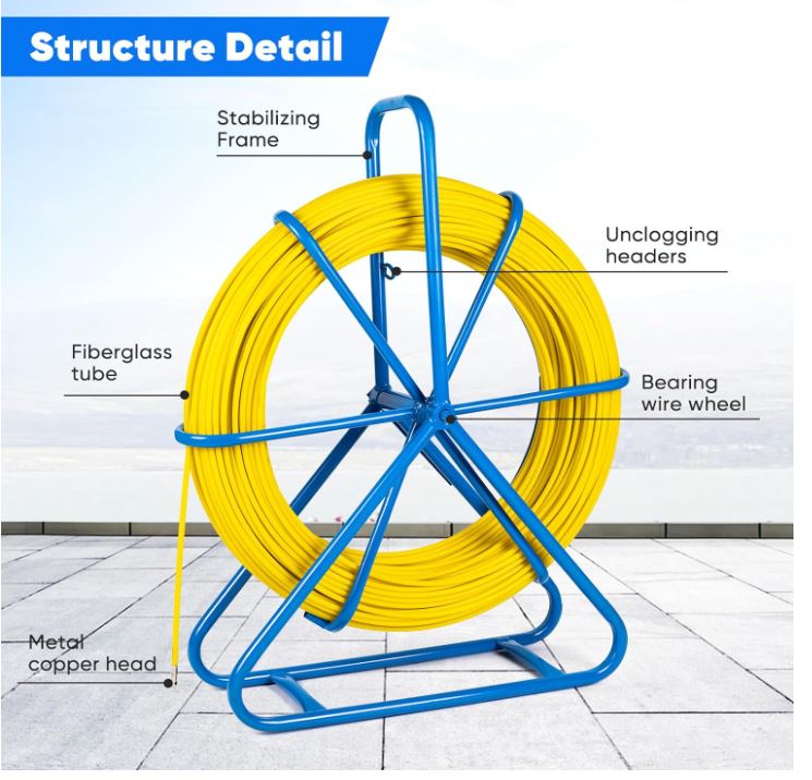 SOKO - Tirador de cables con cinta de pescado de fibra de vidrio, 6 mm (1/4 de pulgada), 426 pies, con jaula y soporte para ruedas, herramientas de pesca para conductos eléctricos de pared, no conductor 