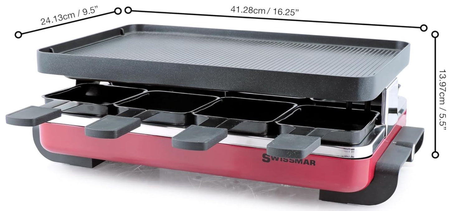 Swissmar KF-77043 Red Classic 8-Person Raclette with Reversible Cast Aluminum Non-Stick Grill Plate/Crepe Top