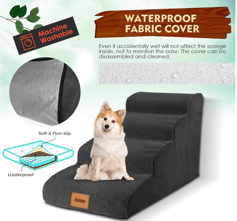 Dog Stairs for Bed, 4-Step, 30D Foam Pet Stairs/Steps with Waterproof Cover, Non-Slip, Dog Ramp/Ladder for Couch Sofa Bed, Suitable for Small Dogs Cats with Old/Injured/Short-Legged, 20.5" H