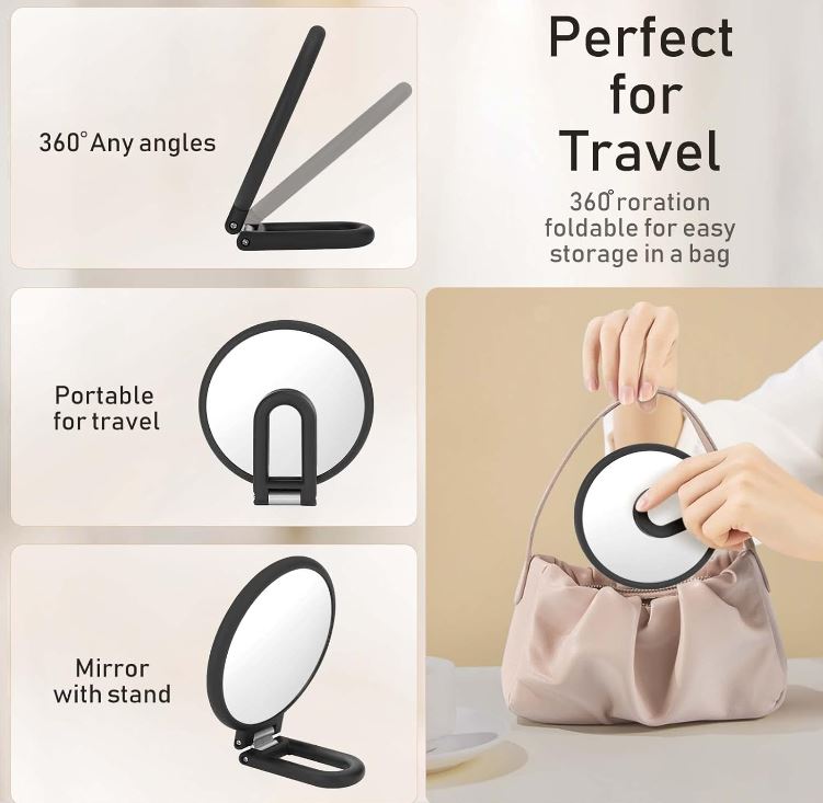 Magnifying Handheld Mirror Double Sided, 1X 15X Magnification Hand Mirror, Travel Folding Held Adjustable Rotation Pedestal Makeup Desk Vanity