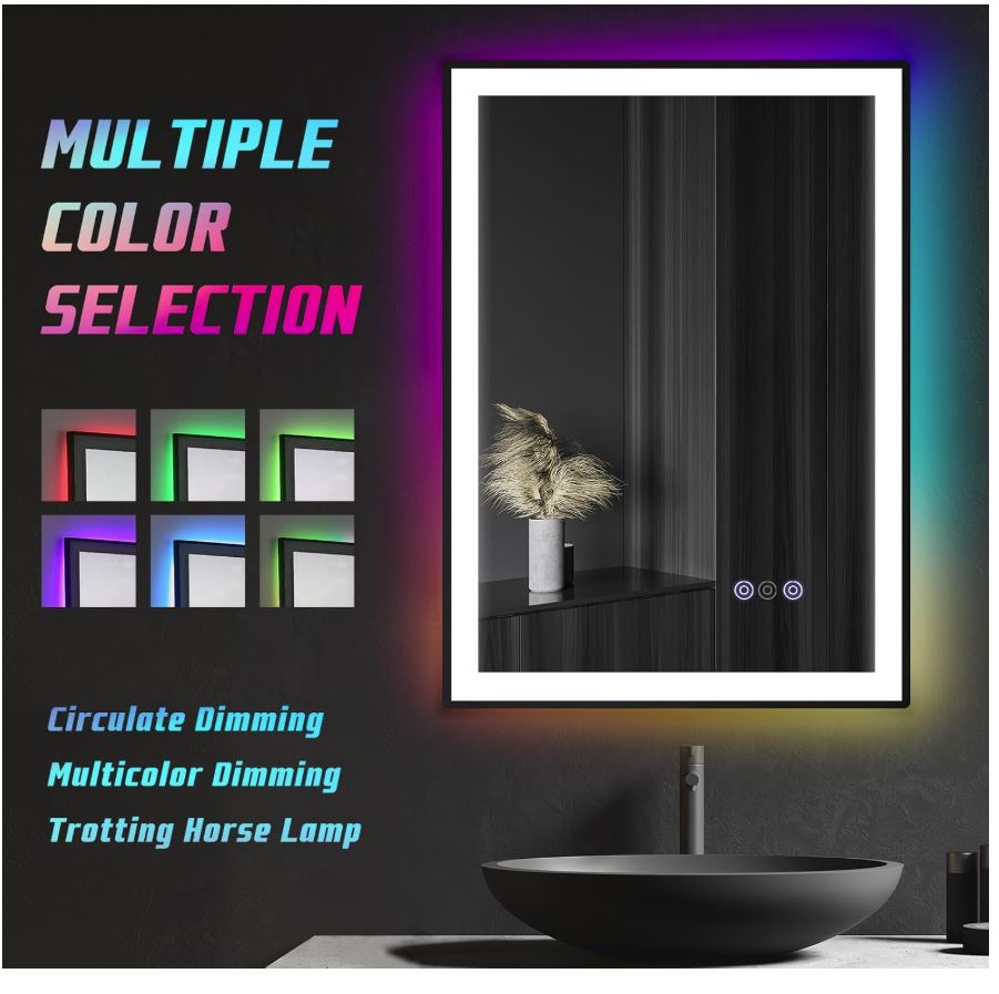 28 x 20 RGB LED Front Backlit Bathroom Mirror,Vanity Mirror with Lights,Anti-Fog,Dimmable 3000K to 6000K,Touch Button,Water Proof,Horizontal/Vertical,Lighted Wall Mounted