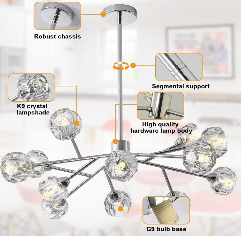 PAFEE 12 Crystal Light Chandelier,Modern - Sputnik Chandeliers