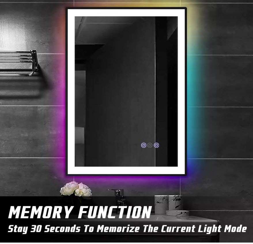 28 x 20 RGB LED Front Backlit Bathroom Mirror,Vanity Mirror with Lights,Anti-Fog,Dimmable 3000K to 6000K,Touch Button,Water Proof,Horizontal/Vertical,Lighted Wall Mounted