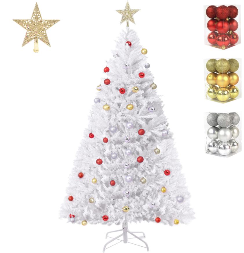 Árbol de Navidad artificial blanco de 5 pies, árbol de Navidad realista con decoraciones y soporte de metal sólido 