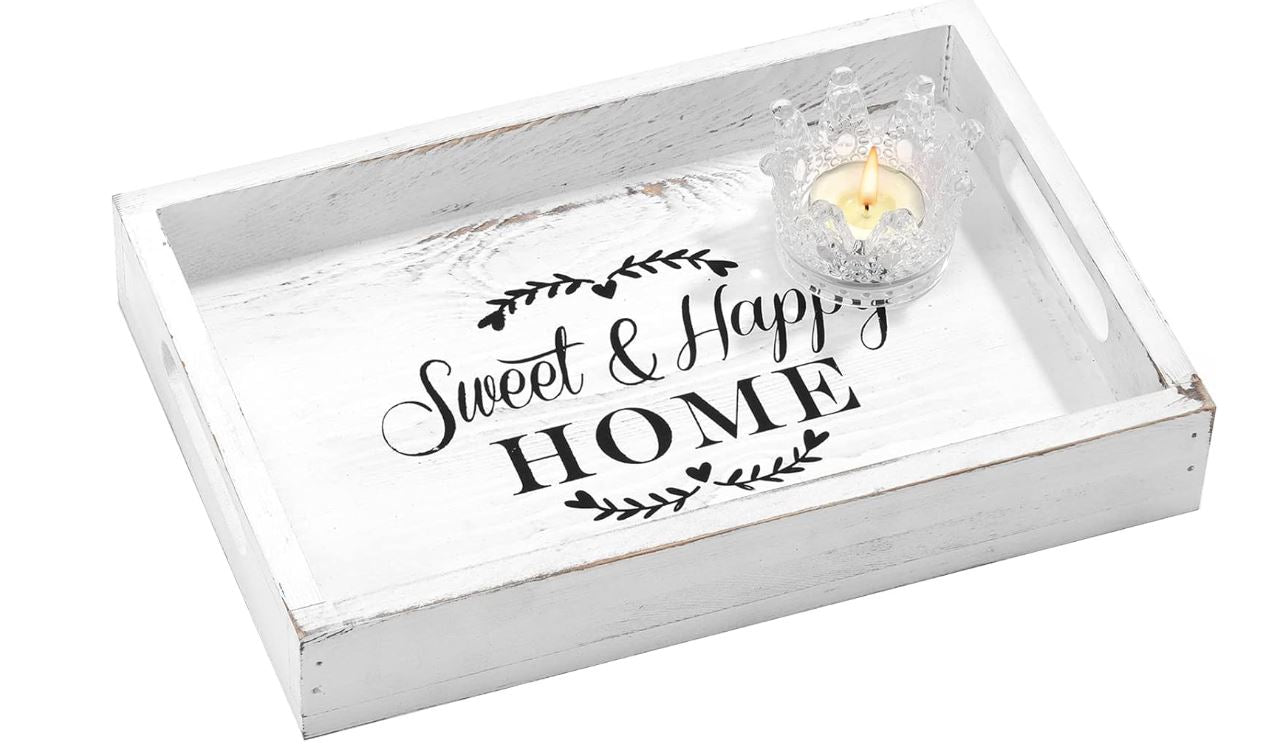 2 Luxspire Serving Trays with Handles, Wood Decorative Tray for Breakfast Eating Coffee Table Ottoman Tray, 15.5" x10" Large 12"x 8" Medium Rustic Bed Living Room Bathroom Restaurant Outdoor Farmhouse Platter, White