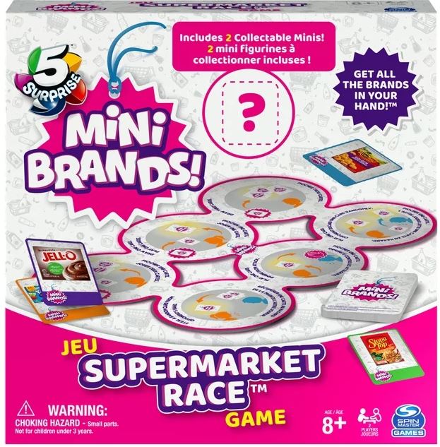 5 Surprise Mini Brands Supermarket Race Board Game by Spin Master with 2 Collectible Movers for Kids 8 and up